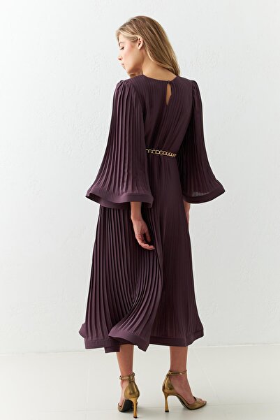 Setre Plum Pleat Detailed Belted Comfortable Fit Dress