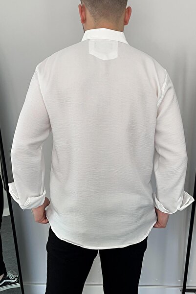 VİP LOKAL Λευκό λινό πουκάμισο μονής τσέπης