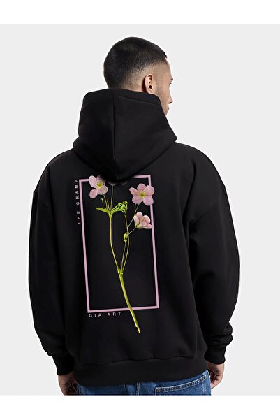 The Champ Clothing Φούτερ με κουκούλα Fleece Flowers με στάμπα μαύρο Unisex με κουκούλα