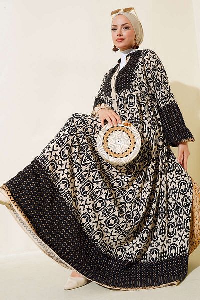 Bigdart Schwarzes, cremefarbenes gemustertes Viskose-Hijab-Kleid für Damen 2423