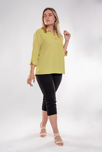 AYHAN 81592 Large Size Crepe Blouse with Three Quarter Sleeve Brooch