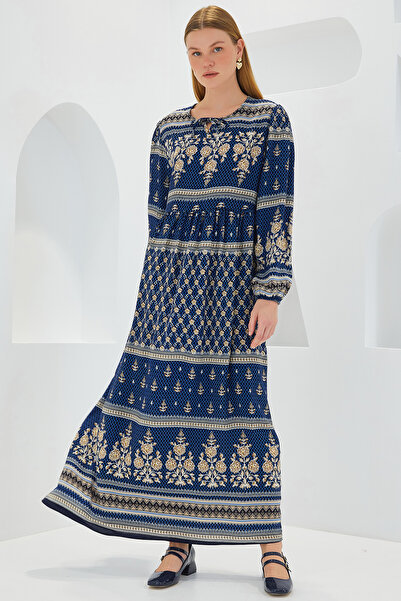 Bigdart Námořnicky modré krémové viskózové vzorované dámské dlouhé šaty - 1947