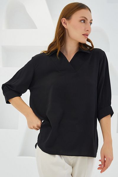 Bigdart Schwarze Satinbluse mit Hemdkragen für Damen 0493