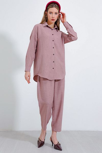Bigdart Damen-Set 6622 aus übergroßem Leinenunterteil und -oberteil in getrockneter Rose