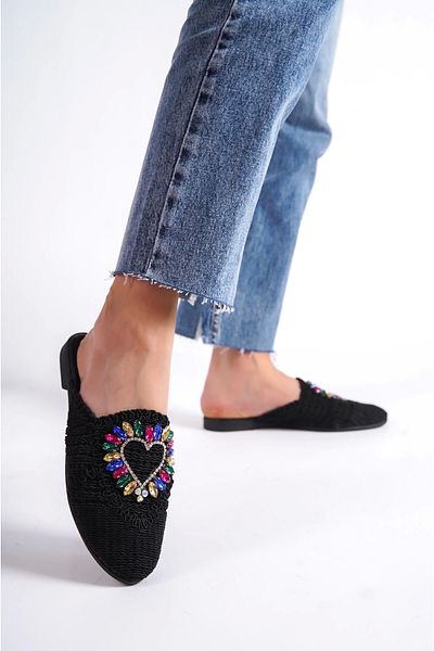 Moda Değirmeni Μαύρες δαντέλες γυναικείες δαντέλες πολύχρωμες πέτρινες παντόφλες