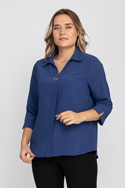 AYHAN 81592 Large Size Crepe Blouse with Three Quarter Sleeve Brooch