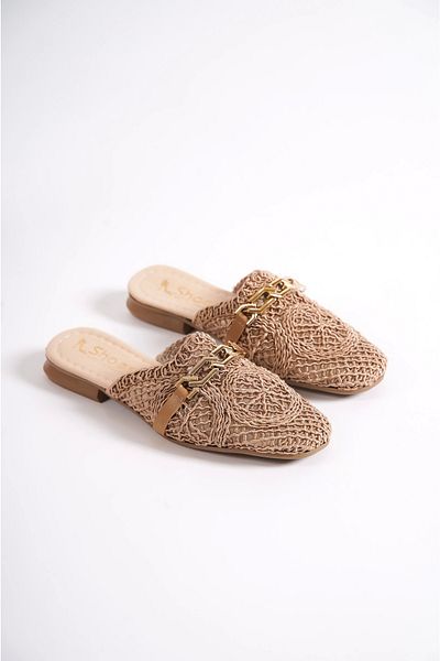 Moda Değirmeni Papuci de damă din dantelă din nurcă cu cataramă din dantelă