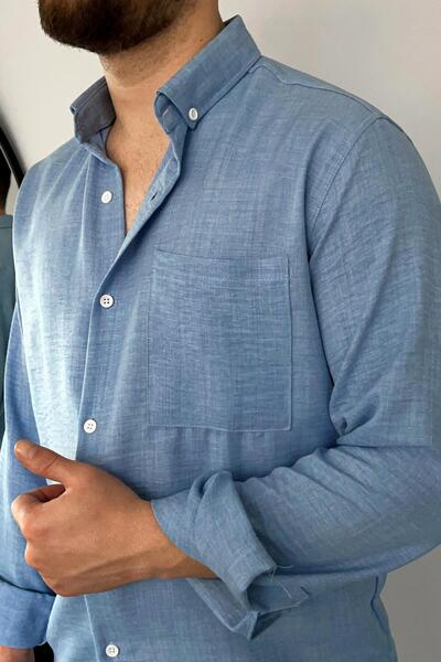 VİP LOKAL Bebe Mavi Tek Cep Keten Gömlek