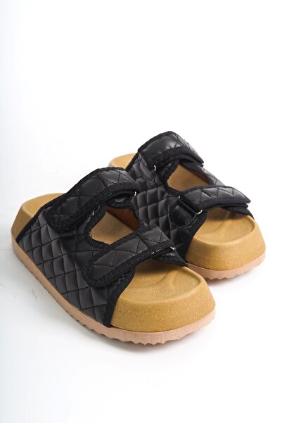 Moda Değirmeni Siyah Kadın Kelvin Kapitone Çift Bant Cırtlı Kalın Taban Terlik