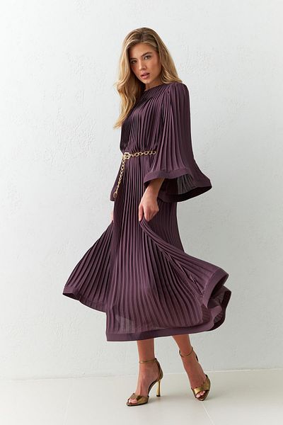 Setre Plum Pleat Detailed Belted Comfortable Fit Dress