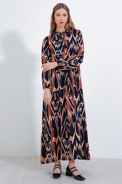 Bigdart Navy Blue Tile Collar Lace-Up Viscose Dress 1627 - Women