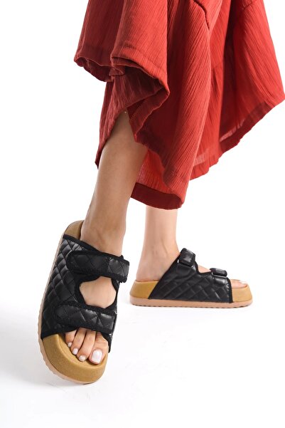 Moda Değirmeni Siyah Kadın Kelvin Kapitone Çift Bant Cırtlı Kalın Taban Terlik