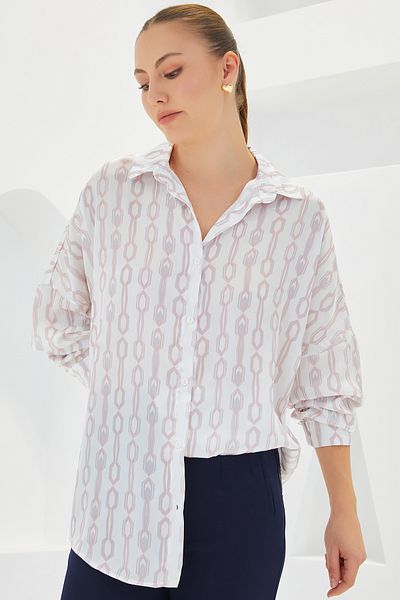 Bigdart Puderweißes gemustertes Oversize-Satinhemd für Damen 3985