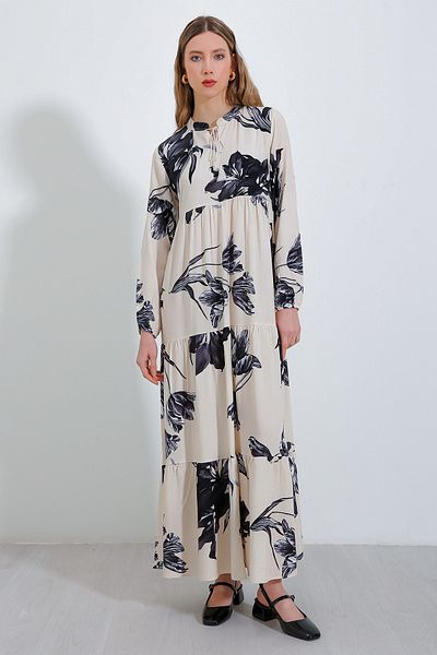 Bigdart Cream Black Viscose Hijab Dress - Lace-up Collar, Boydandan 1627