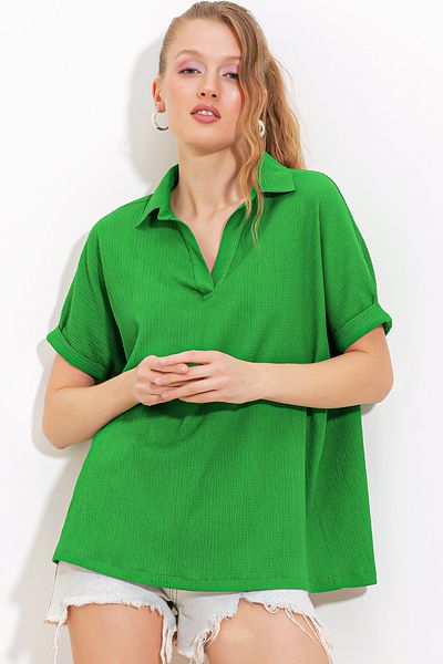 Bigdart Πράσινη γυναικεία πλεκτή μπλούζα Polo Oversize - 0486