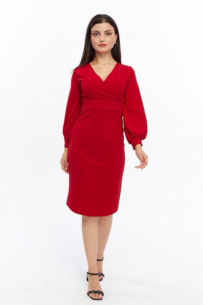 ESPOİRPLUS Red Color Crepe Fabric Long Sleeve Double Breasted Collar Dress