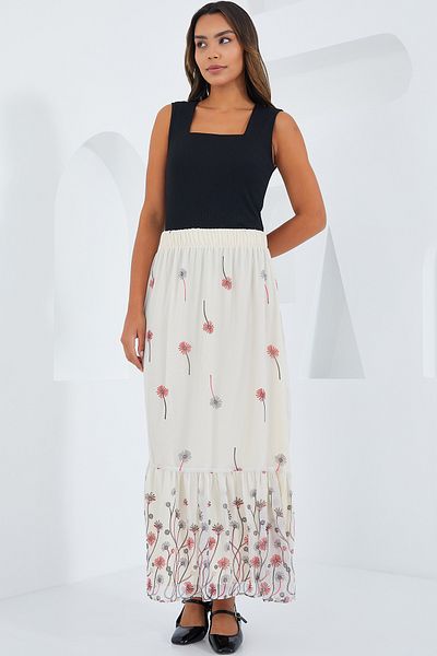 Bigdart Ecru gemusterter Chiffonrock für Damen 8010