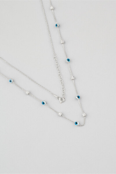 So CHIC... Minimal Nazar İkonlu 18 Ayar Beyaz Altın Kaplama 60 Cm Gümüş Kolye