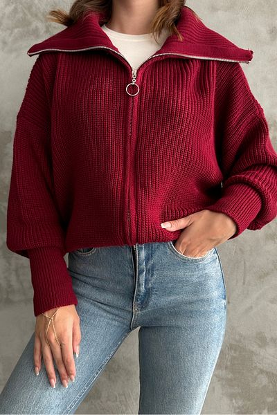 macharel jeans Πλεκτή ζακέτα με φερμουάρ με γιακά μπορντό