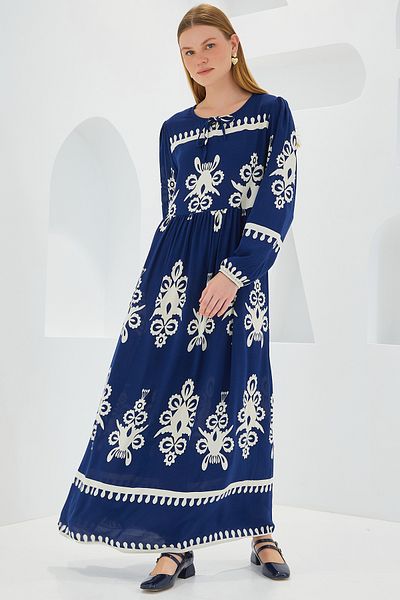 Bigdart Albastru bleumarin cu model alb - rochie lungă pentru femei din viscoză 1947