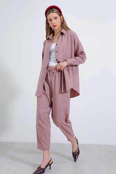 Bigdart Damen-Set 6622 aus übergroßem Leinenunterteil und -oberteil in getrockneter Rose
