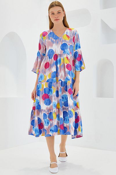 Bigdart Women's Blue Red Patterned Short Sleeve Viscose Dress 1959
