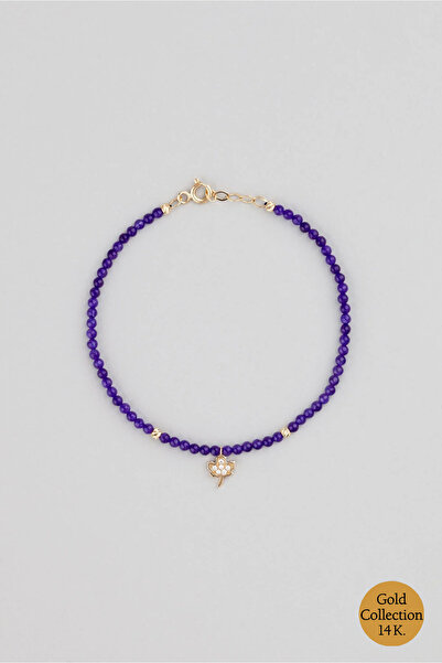 So CHIC... Çınar Yaprağı Figürlü Ametist Taşlı 14 Ayar Altın 18 Cm Bileklik