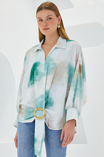 Bigdart Kadın Yeşil Ekru Oversize Dökümlü Saten Gömlek 907