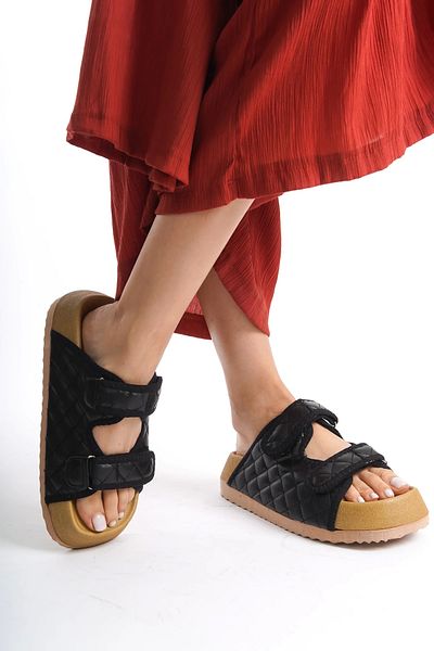 Moda Değirmeni Μαύρες γυναικείες παντόφλες με χοντρή σόλα Kelvin με διπλή ταινία Velcro