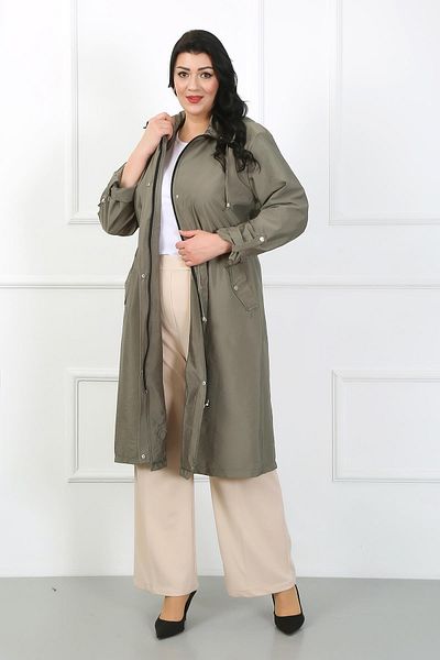 By Alba Collection Γυναικεία καμπαρντίνα από ύφασμα αλεξίπτωτου Χακί Μακριά Plus Size