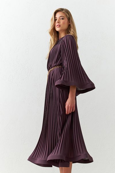 Setre Plum Pleat Detailed Belted Comfortable Fit Dress