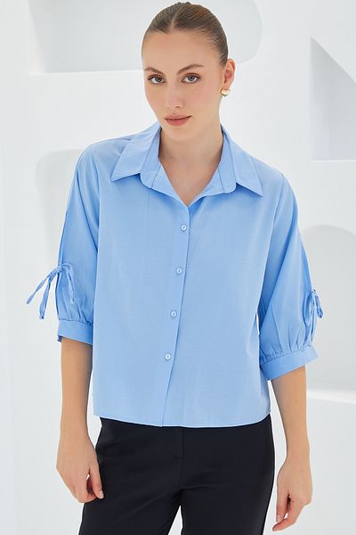 Bigdart Women's Blue Crop Shirt with Sleeve Detail 20246