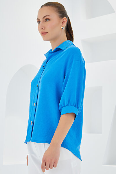 Bigdart Kadın Mavi Kısa Kol Oversize Keten Gömlek 20240