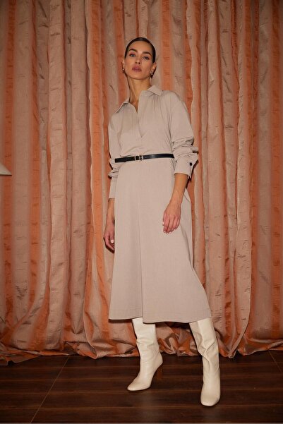 Setre Beige Belt Detailed Midi Dress