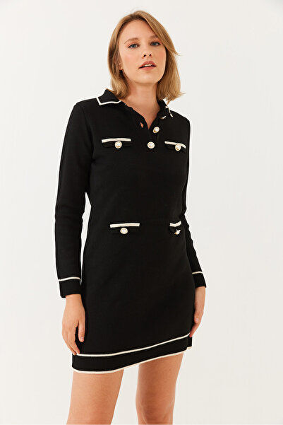Bianco Lucci Kadın Gömlek Yaka Düğme ve Cep Detaylı Uzun Kollu Mini Triko Elbise 20246230