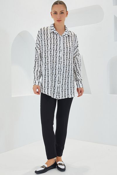 Bigdart Cămașă oversize din satin cu model alb-negru pentru femei 3985