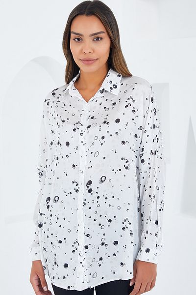 Bigdart Cămașă oversize din satin cu model alb-negru pentru femei 3985