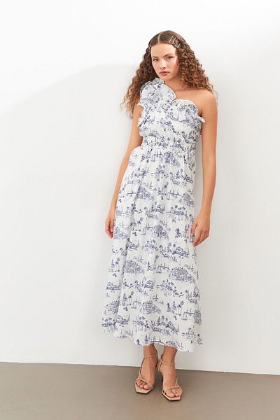 Setre Rochie midi, albastru-ecru, cu un singur umăr