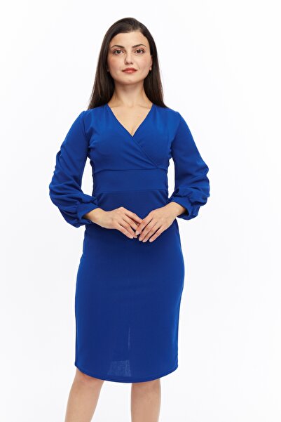 ESPOİRPLUS SAKS БЛАКИТНИЙ Кольорова крепова тканина Довгі рукави Круазе комір...