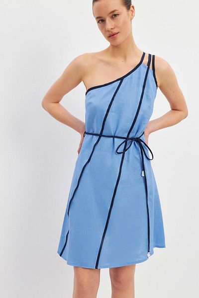 Setre Blue Linen Single Shoulder Open Stripe Detailed Waist Tie-Up Mini Dress