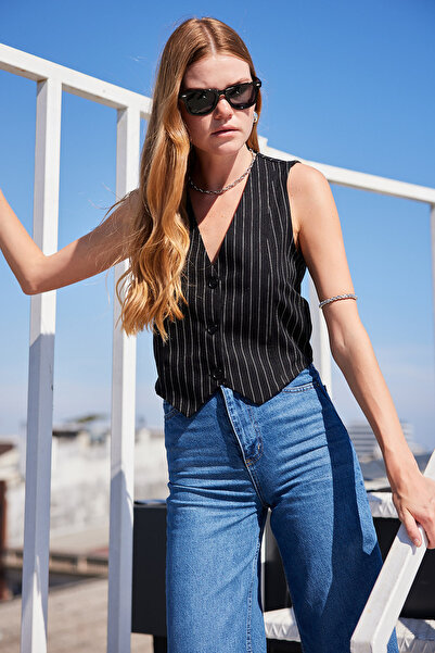 Bigdart 6794 Çizgili Dokuma Yelek - Siyah