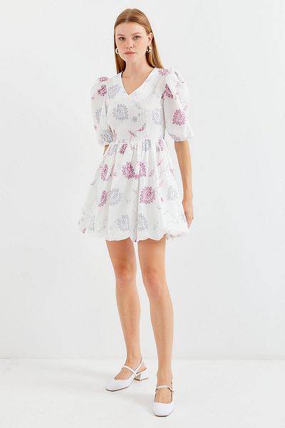 Bigdart Model 2506 Rochie Ecru Mini Evazată cu Decolteu în V