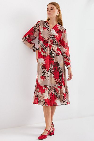 Bigdart 2137-es modell mintás sifon ruha - piros
