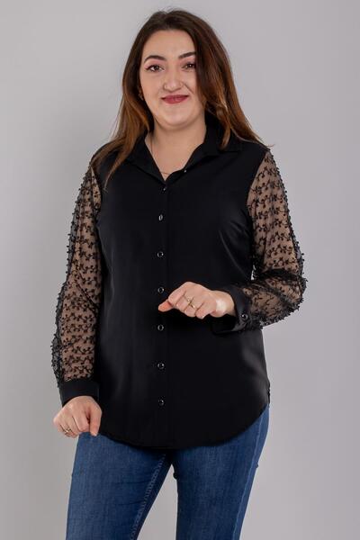 DEE'S 1605 Büyük Beden Güpür Tül Kol Düğmeli Krep Şifon Gömlek