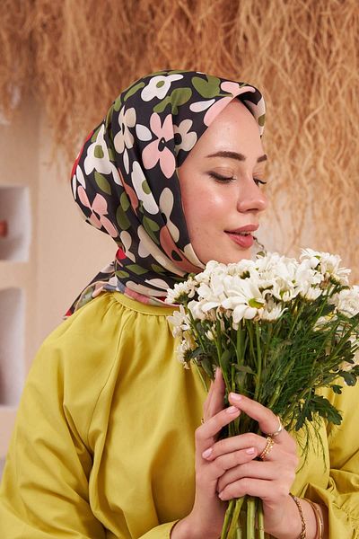 İpekhan Ipekhan Flowers Μαύρο Κόκκινο Βαμβακερό Κασκόλ βισκόζης 1122-08
