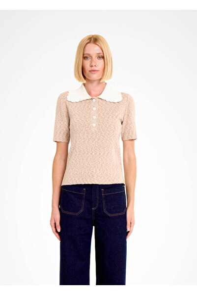 Knitss Kontrast Yaka Camel Muline Triko Üst