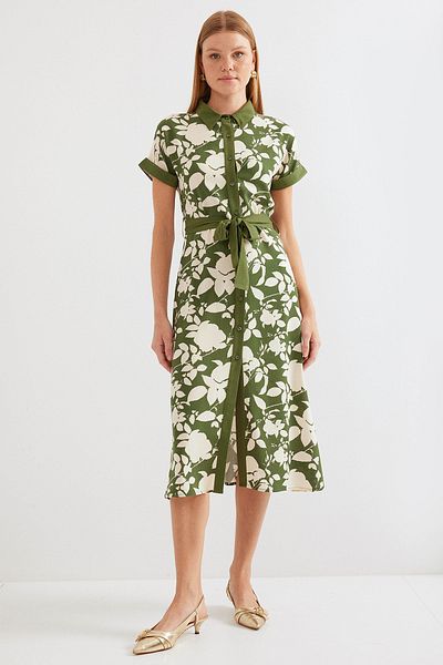 Bigdart 2455 Gemustert - Khakifarbenes Hemdblusenkleid
