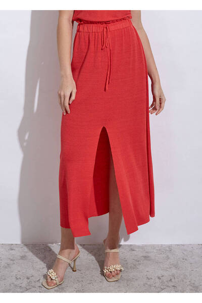 Knitss Linen Paper Bag Coral Long Knitwear Skirt