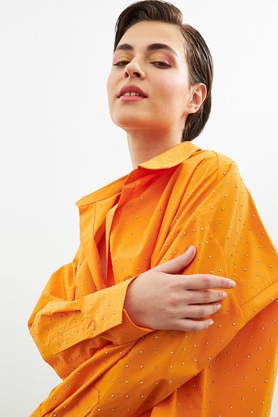 Setre Orange Shirt Collar Long Sleeve Stone Pasting Detailed Button Closure Shirt