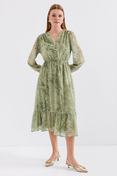 Bigdart 2137 Model Green Patterned Chiffon Dress